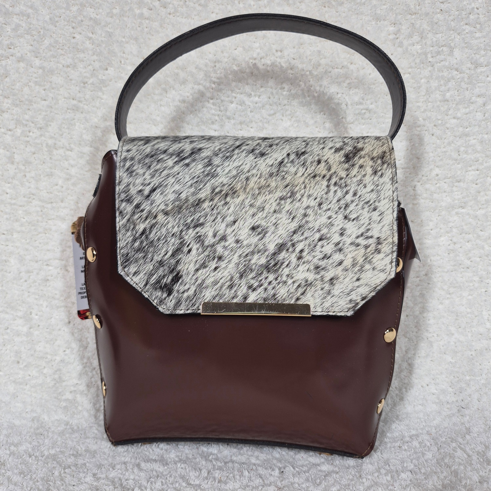 Artisanal Brown Leather Handbag With Cowhide Flap & Gold-Tone Hardware
